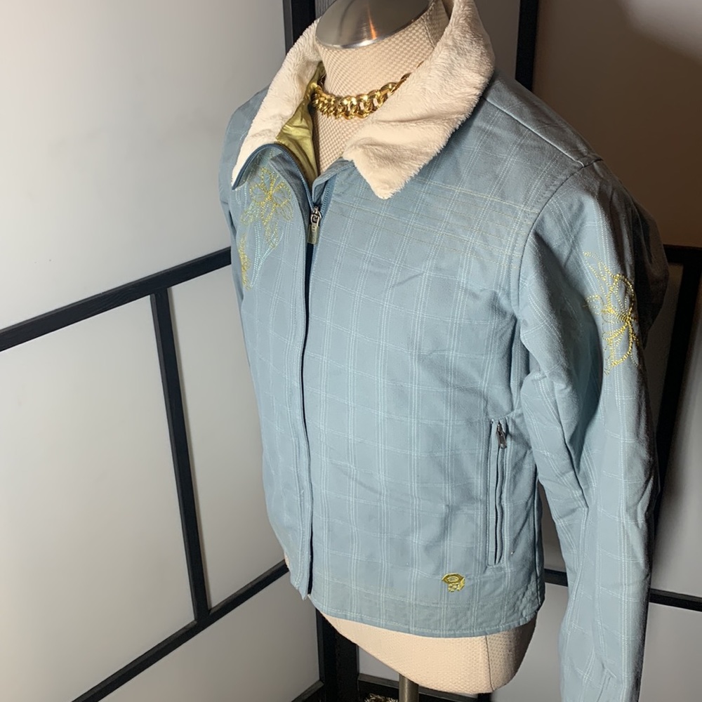 Mountain Hardwear Blue Gray Yellow Pattern Winter Fur Lining Collared Jacket - Picture 8 of 11